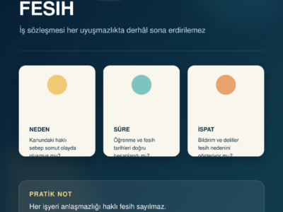 İş sözleşmesinin haklı nedenle feshinde neden, süre ve ispat başlıklarını anlatan Türkçe infografik
