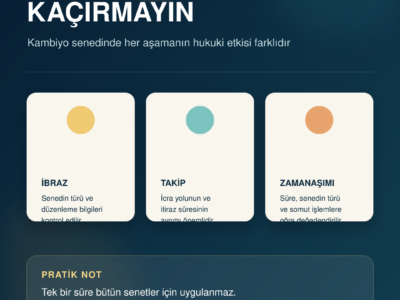 Kambiyo senetlerinde ibraz, takip ve zamanaşımı aşamalarını anlatan Türkçe infografik