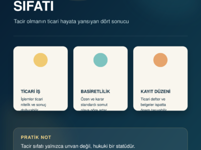 Tacir sıfatının ticari işler, basiretli davranma, ticari defterler ve iflas bakımından sonuçlarını anlatan Türkçe infografik